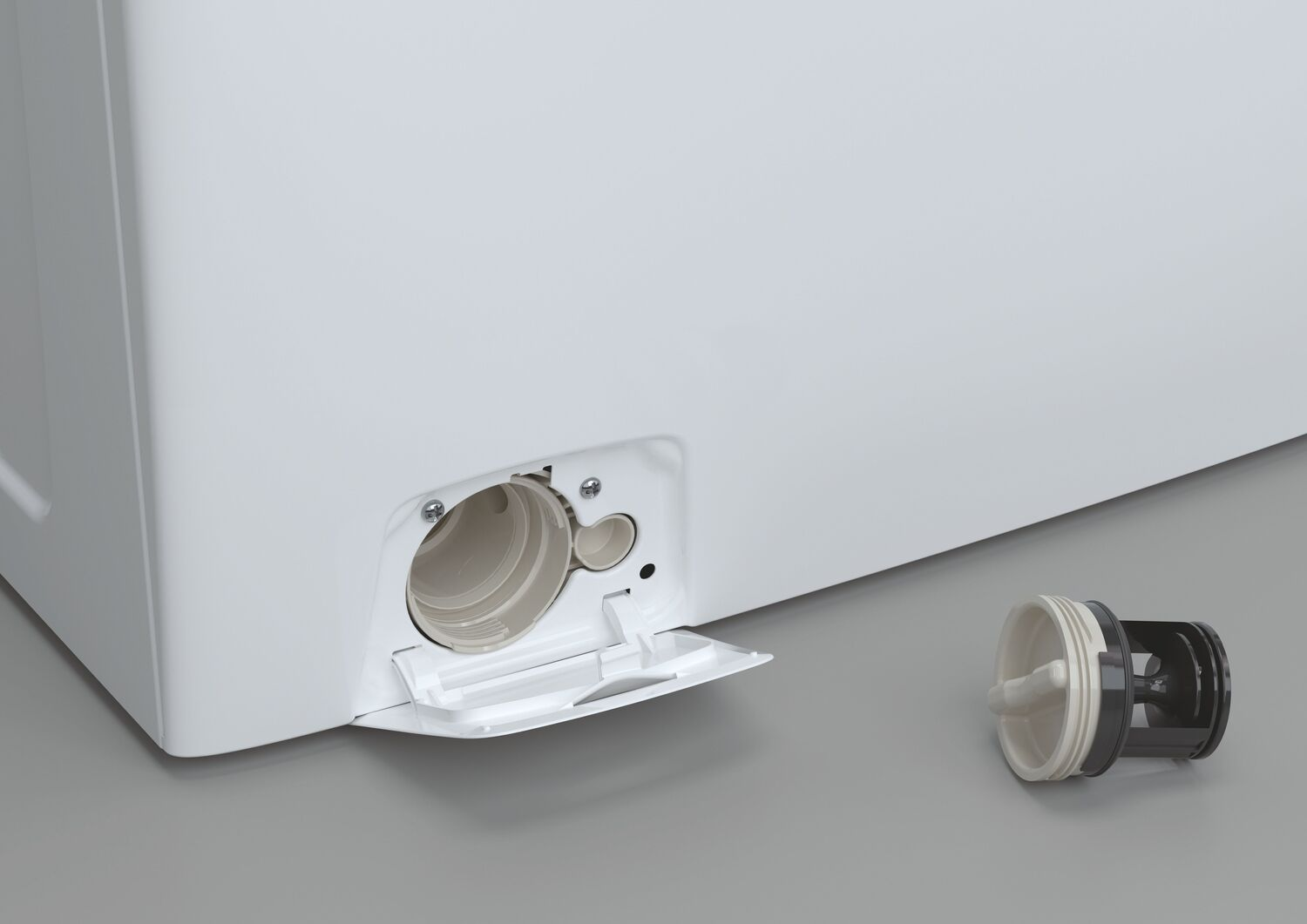 Lavadora, cuerpo exterior blanco con compartimento de filtro gris y filtro extraíble.