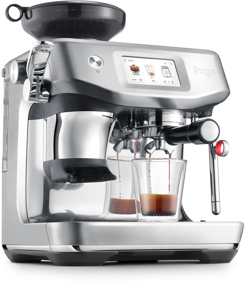 Machine à expresso argentée avec deux expressos versés dans des tasses en verre.