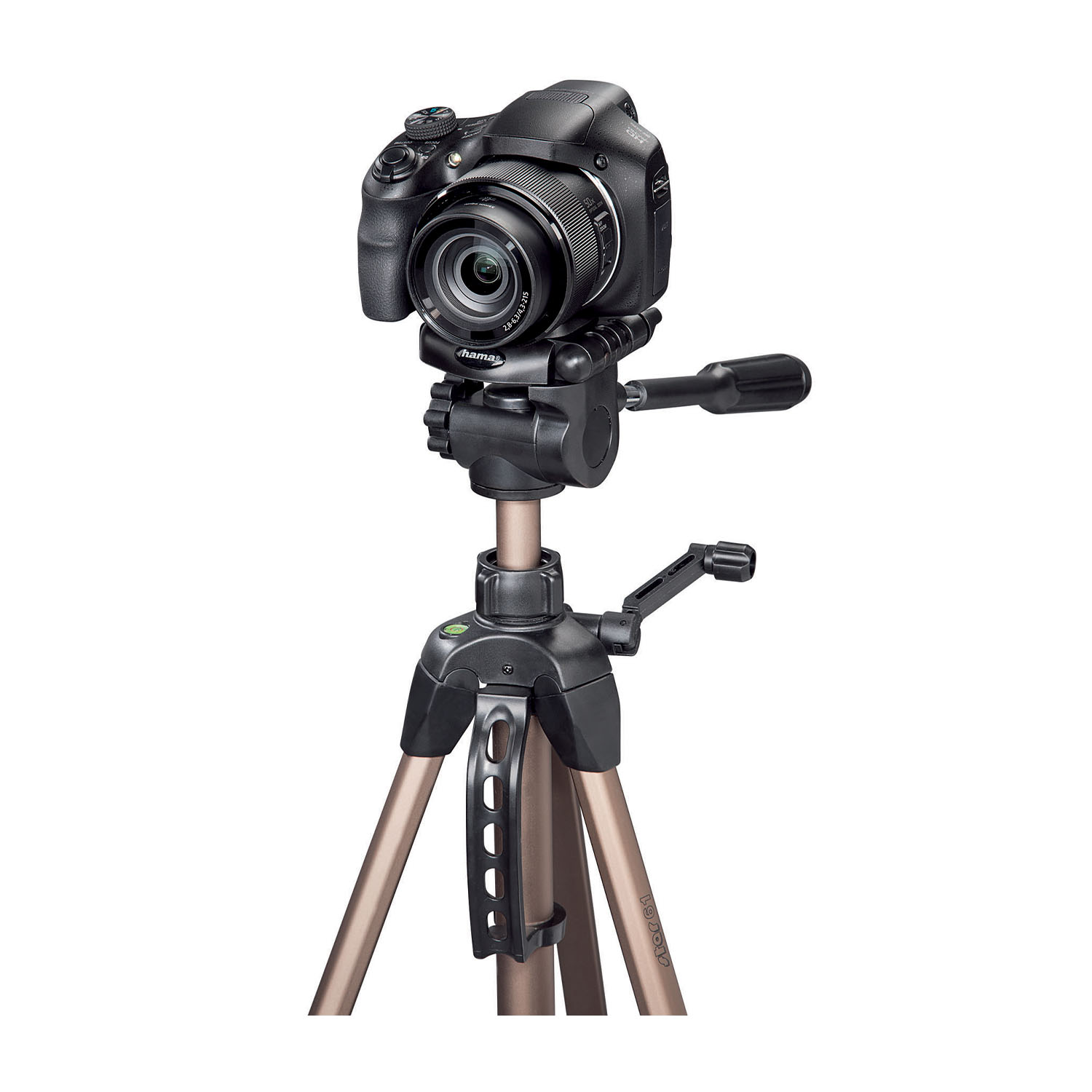 Una fotocamera nera è montata su un treppiede.