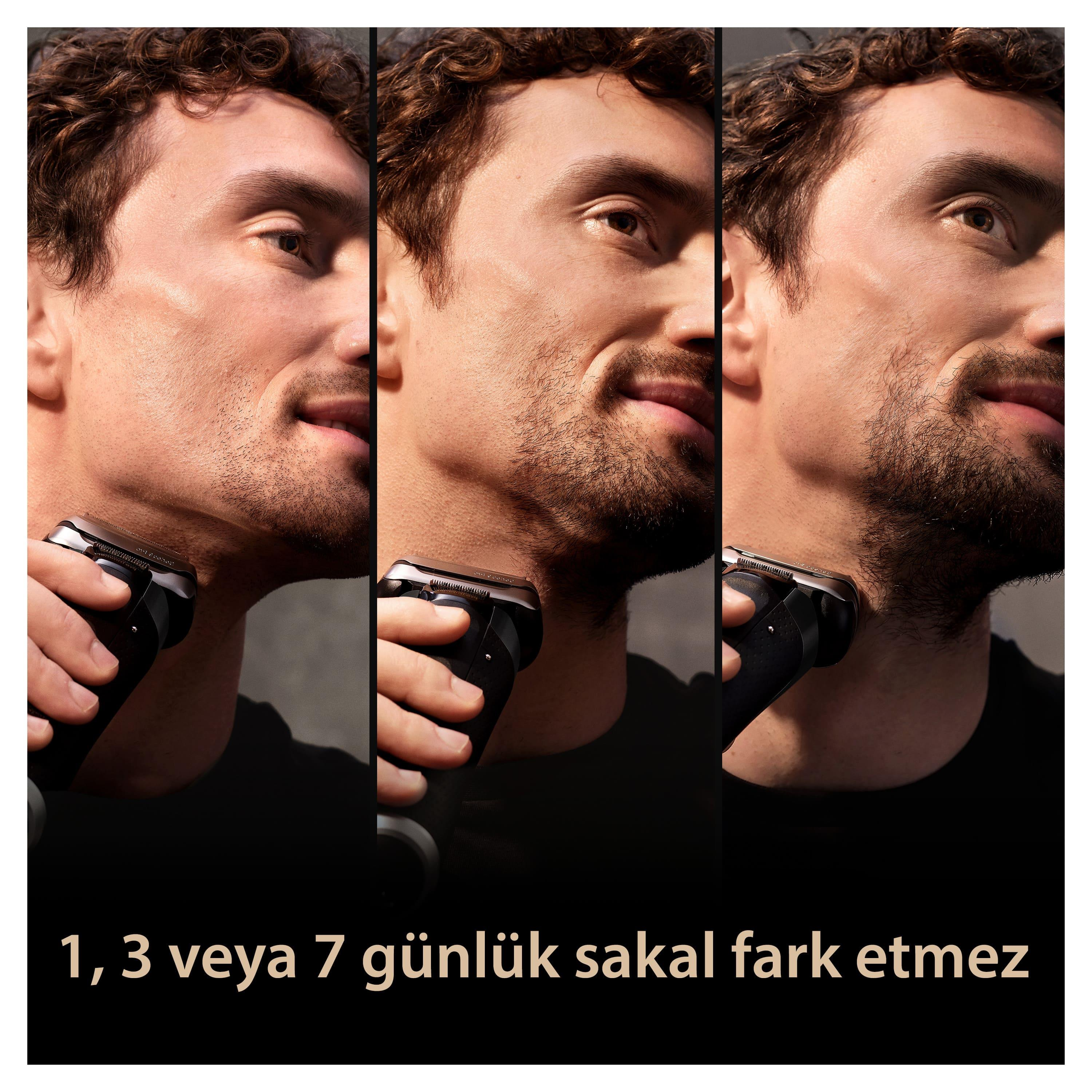 Siyah bir tıraş makinesiyle tıraşın farklı aşamalarını gösteren üç görüntü.
