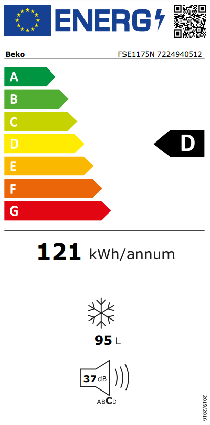 Energia címke egy Beko hűtőszekrényen. Energiahatékonyságot, kWh/év, és egyéb információkat mutat.