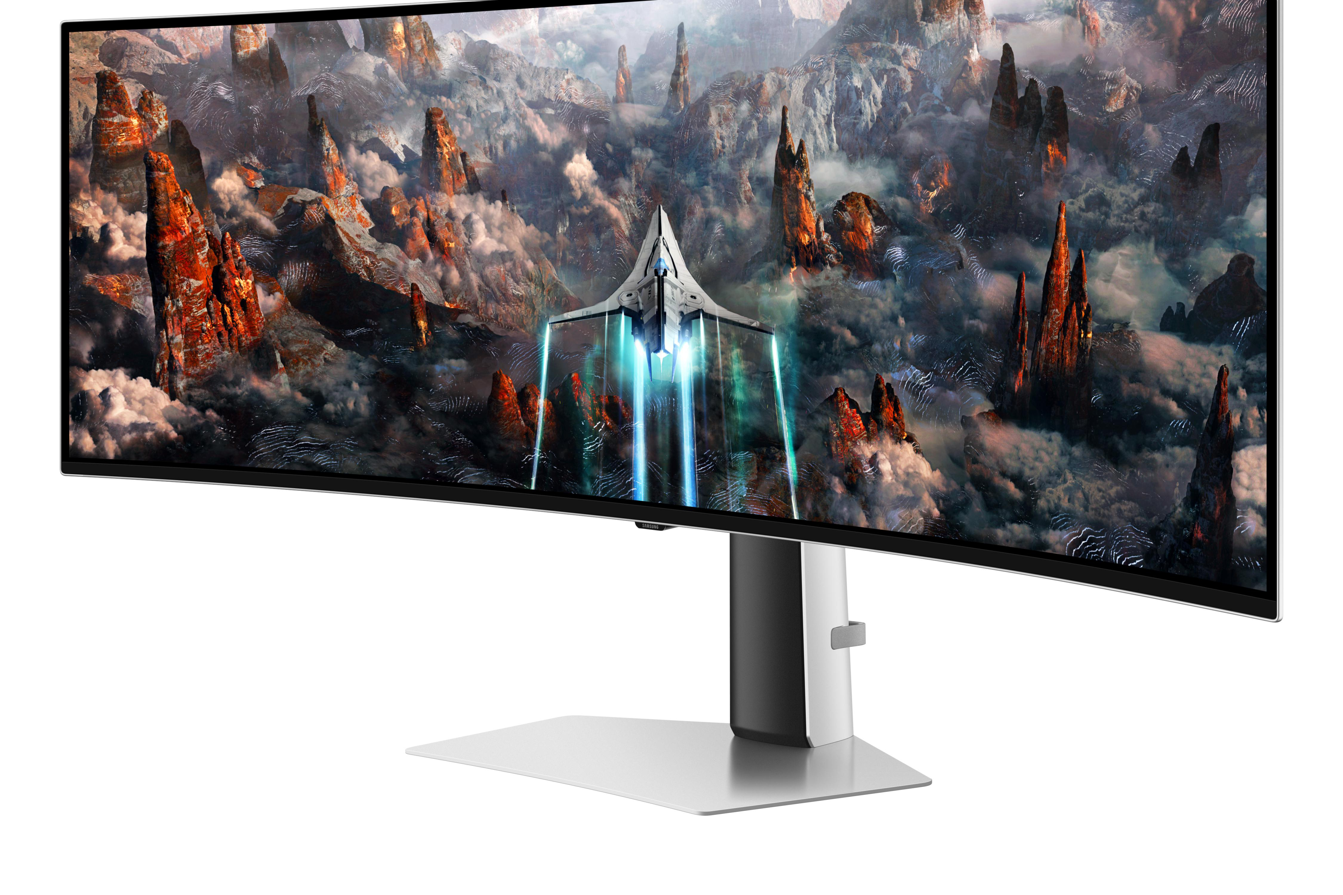 Gebogener Computermonitor. Ein futuristisches Bild wird angezeigt. Silberner Ständer.