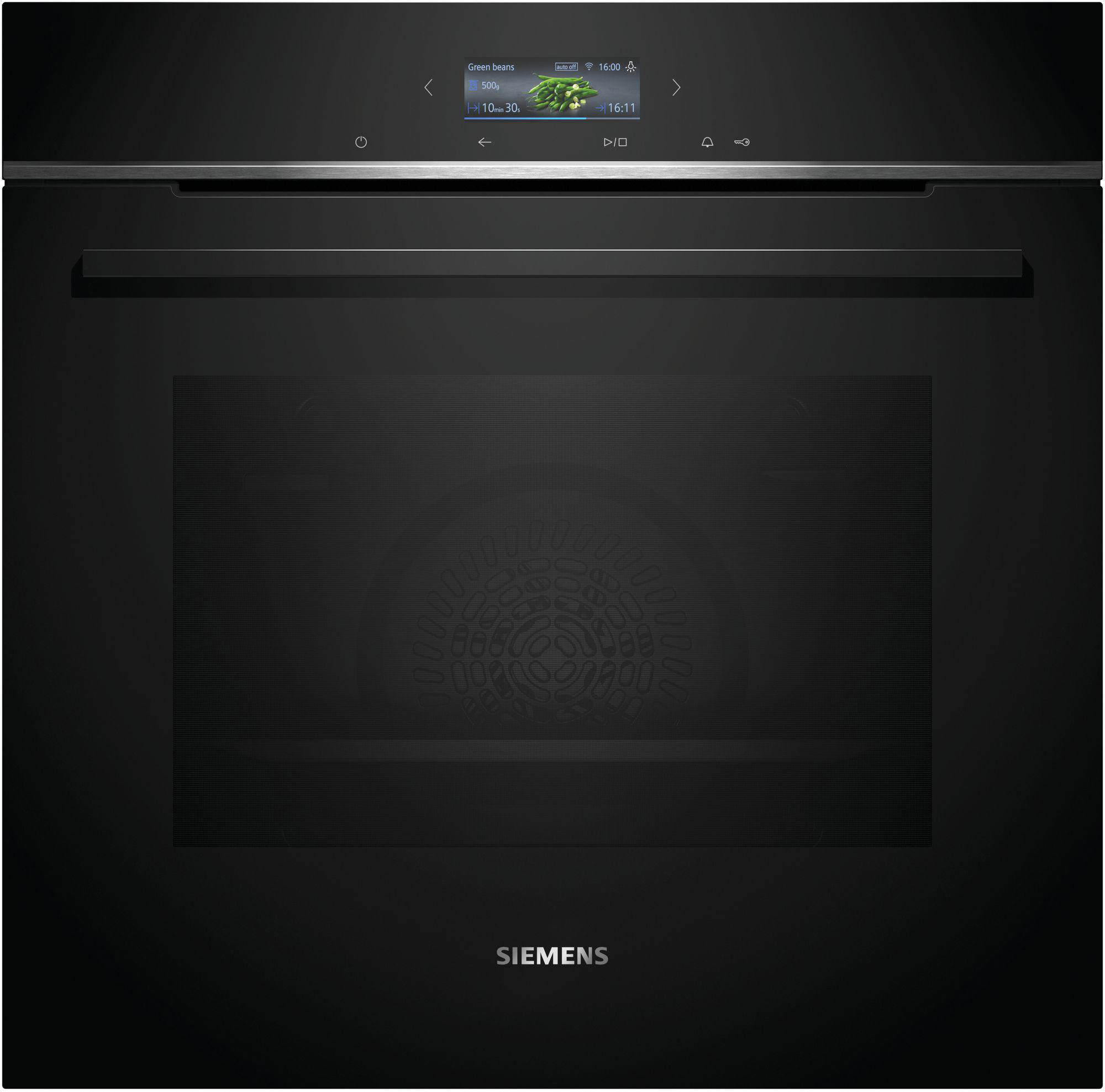 Ein schwarzer Siemens-Backofen mit Digitalanzeige und Bedienelementen, von vorne gesehen.