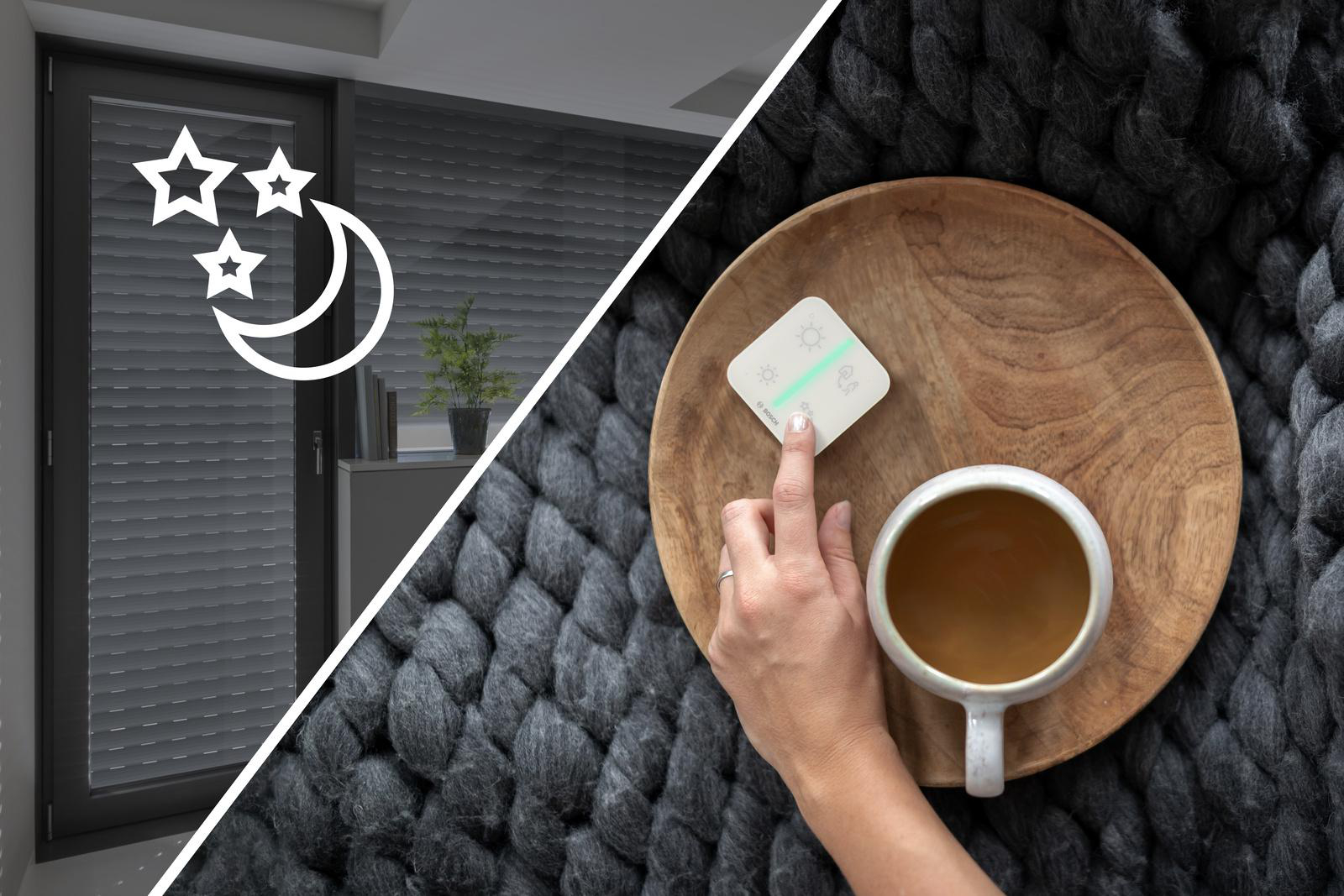 Eine Hand drückt einen Smart-Home-Controller. Eine Tasse Kaffee steht auf einem Holztablett.