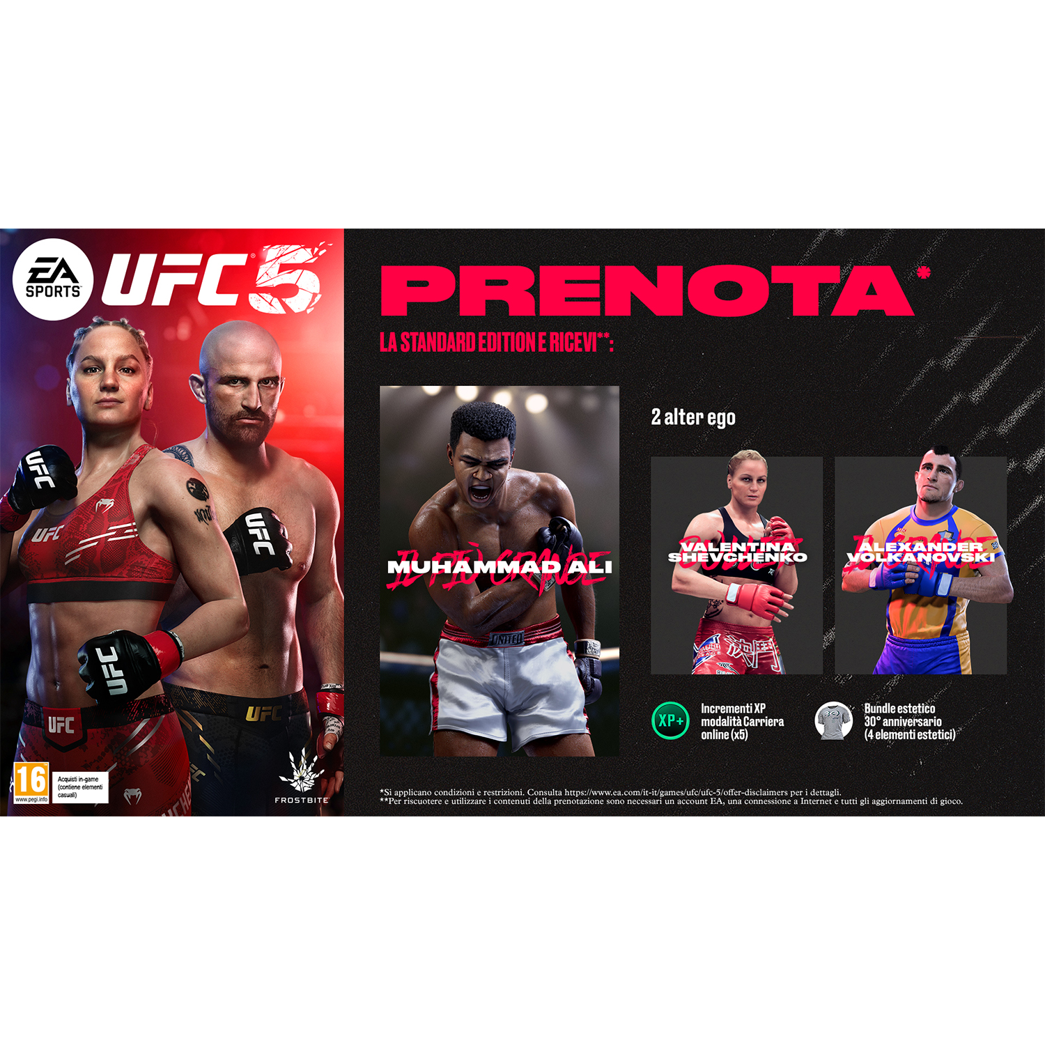Copertina del gioco UFC 5 con combattenti, Muhammad Ali e altri combattenti. Include il logo e i dettagli del gioco.