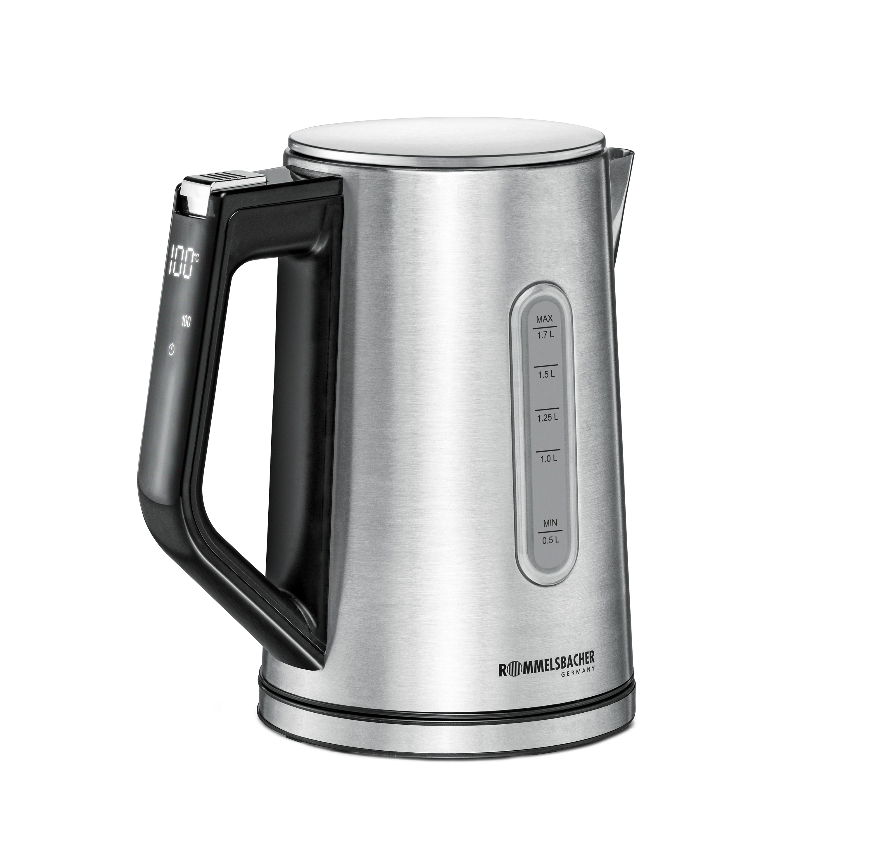 Ein silberner Wasserkocher mit schwarzem Griff und Digitalanzeige.