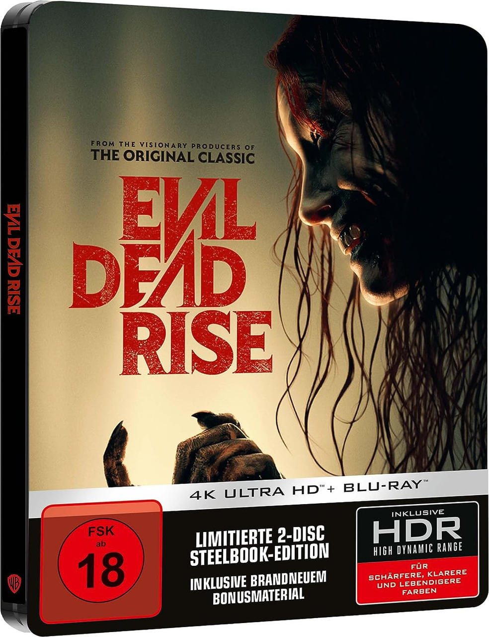 Filmcover für Evil Dead Rise. Das Gesicht einer Frau ist zu sehen, mit Text auf dem Cover.