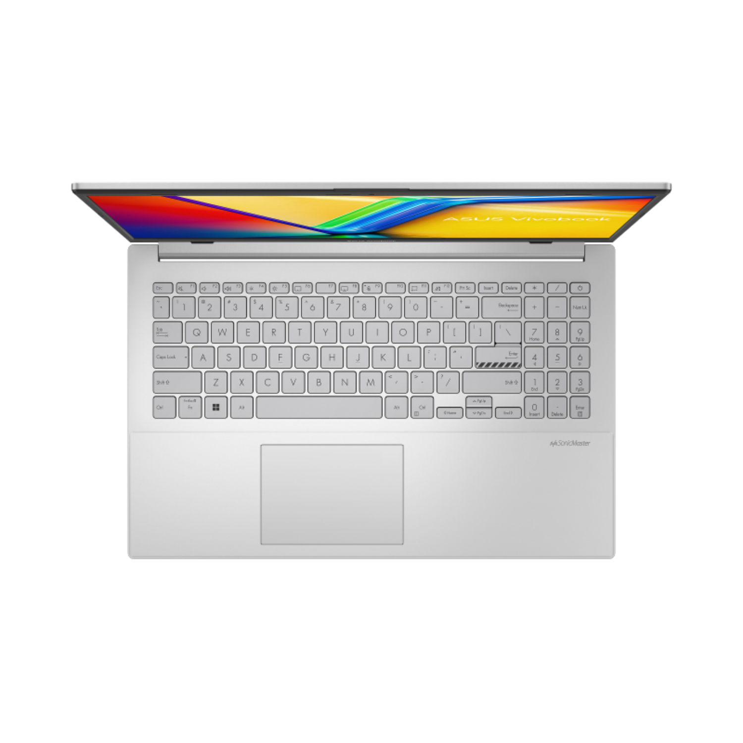 Teclado de portátil, vista superior. La pantalla muestra una visualización colorida.