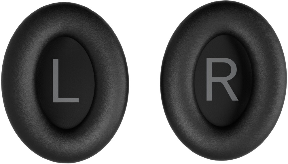 Two black headphone earcups, one with 'L' and the other with 'R' in grey.