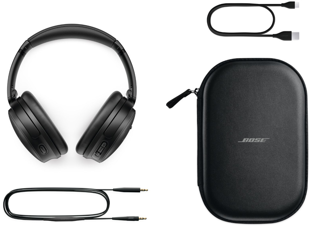 Black Bose headphones with case and charging cables.