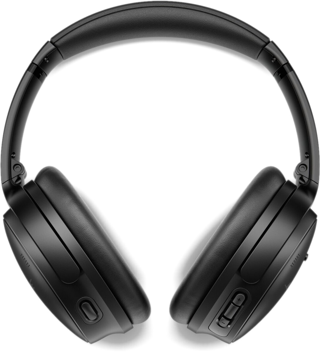 Black headphones on a white background. The earcups and headband are the focus.