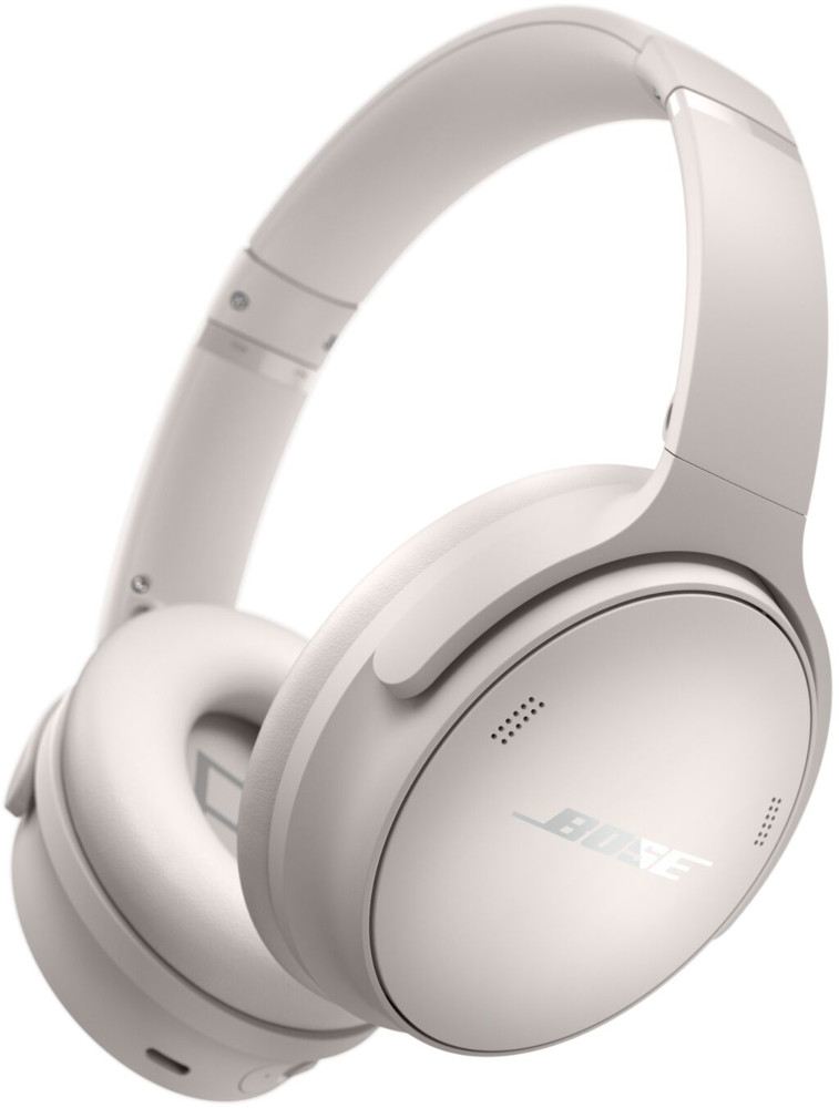 A pair of light-colored Bose headphones on a white background.