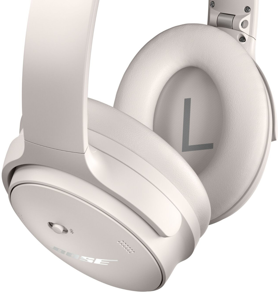 White Bose headphones, showcasing the brand logo on ear cup.