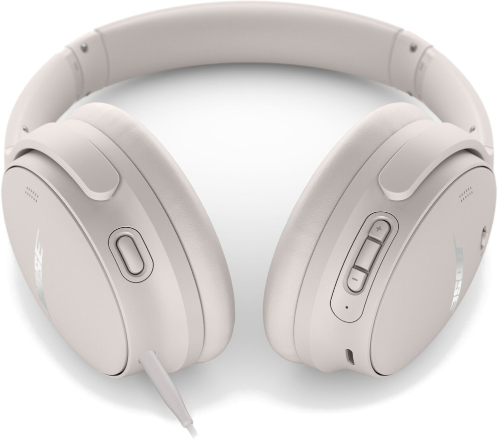 White Bose headphones on a white background. The headphones are facing towards the viewer.