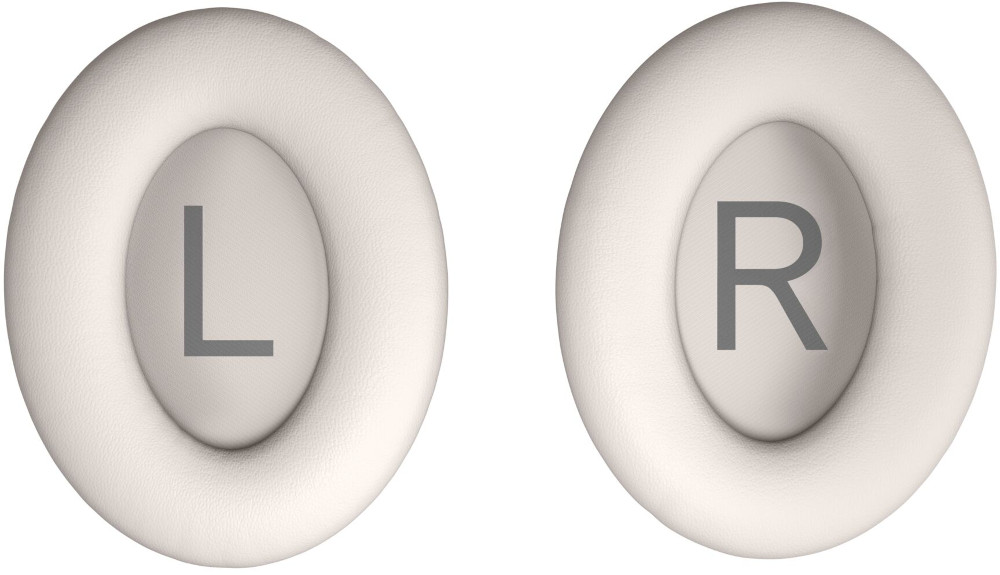 Two cream-colored headphone ear cups, marked with gray 'L' and 'R'.