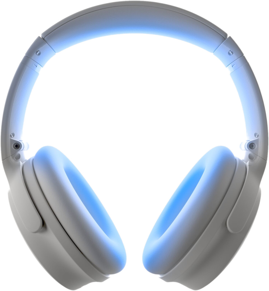 White headphones with blue accents. Over-ear design. White background. Illuminated.