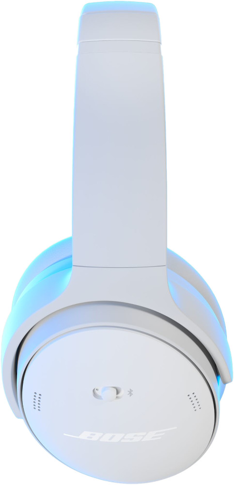 White Bose headphones, side view, Bluetooth symbol, white background.