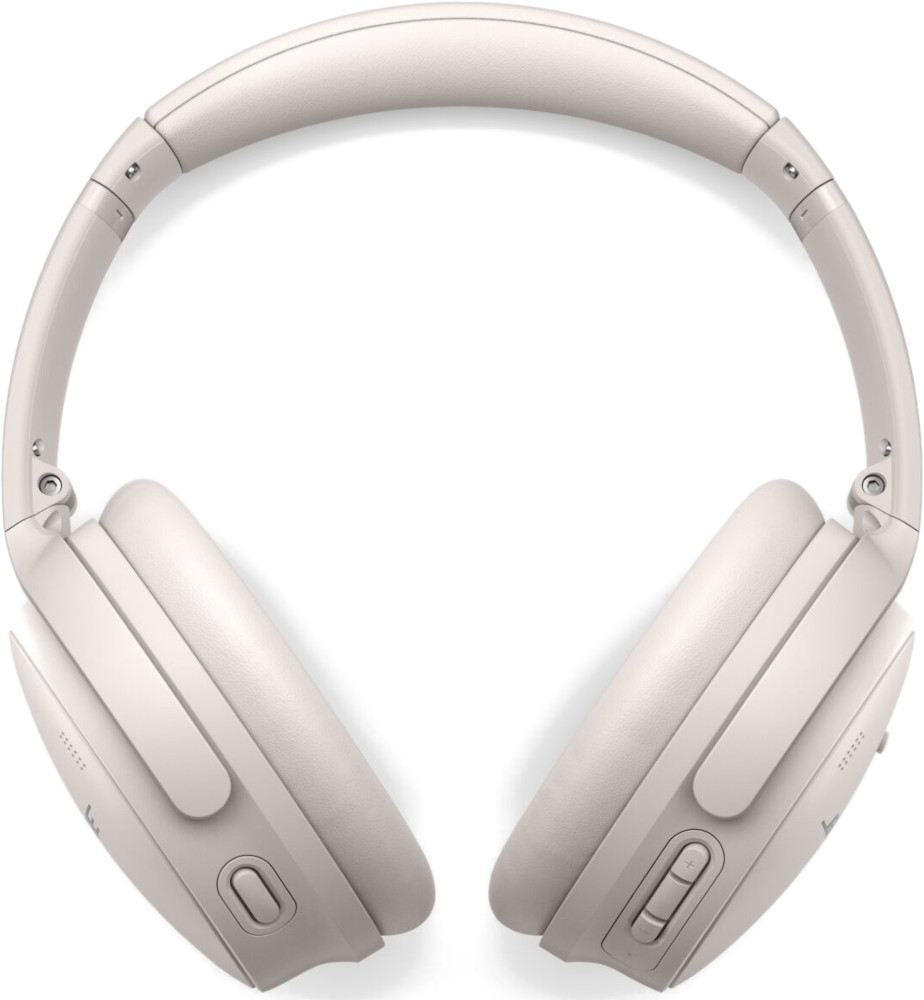 Off-white Bose headphones, overhead view. Simple, modern design.