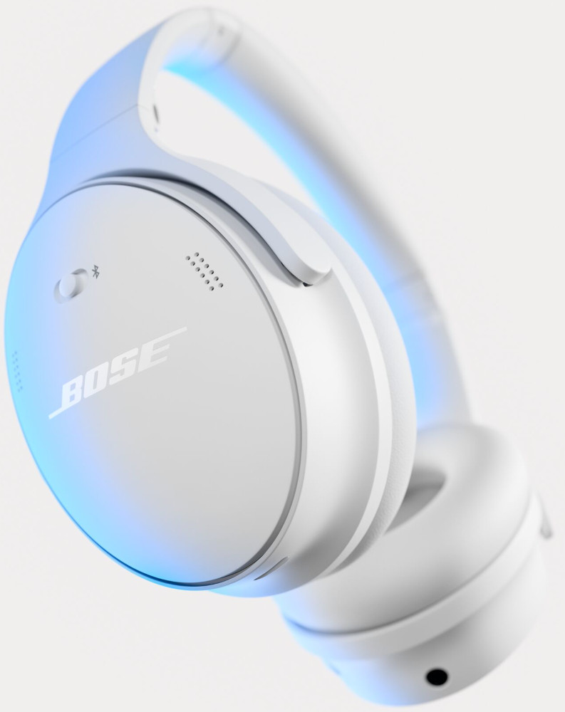 White Bose headphones, with blue lighting, on a white background.