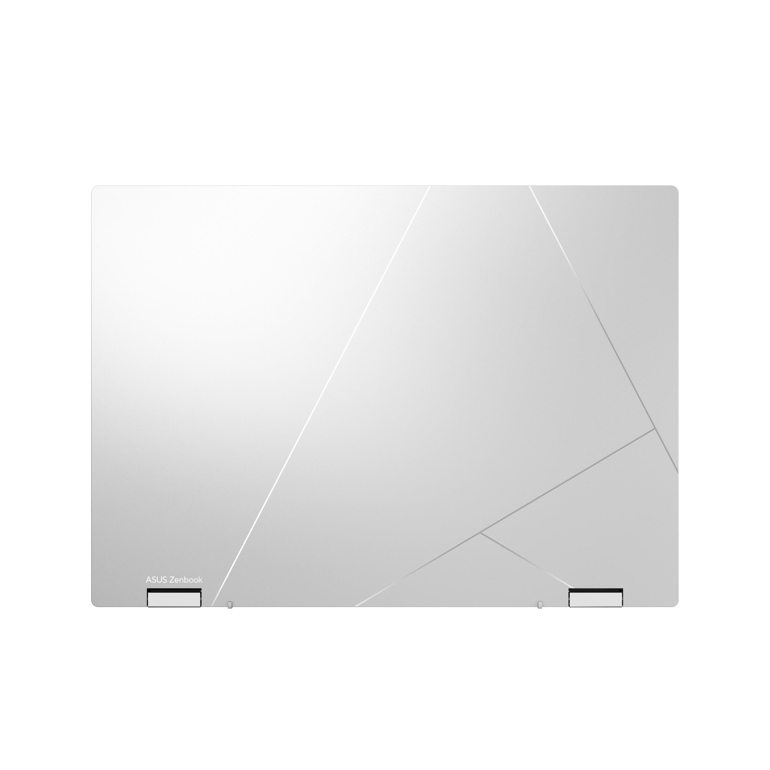 Portátil ASUS Zenbook blanco con un patrón geométrico en la tapa, sobre un fondo blanco.