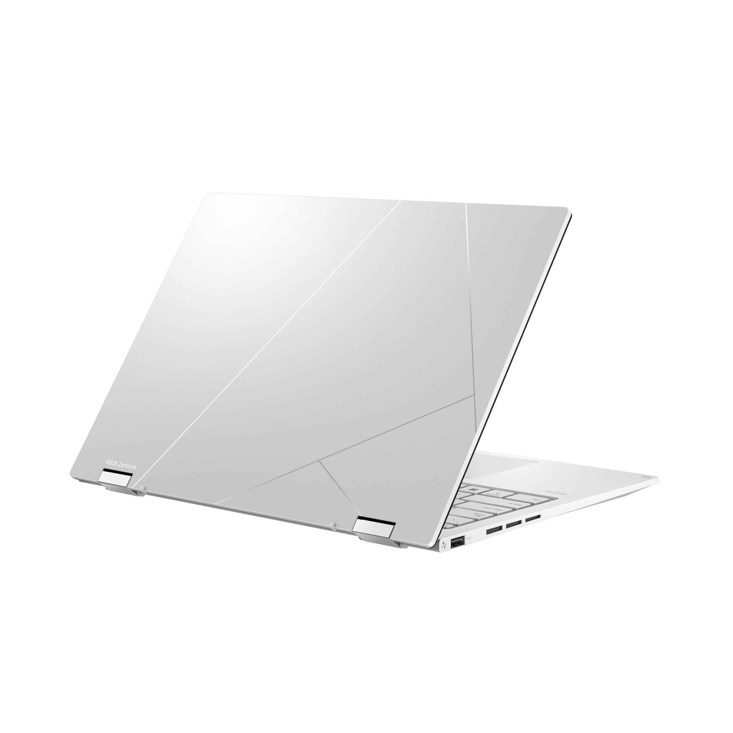 Un portátil blanco, abierto, mostrando la parte trasera con el logotipo de ASUS Zenbook.