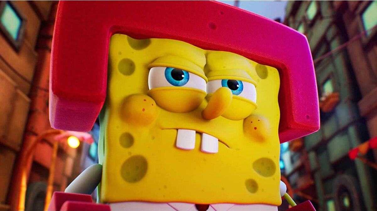 SpongeBob Kanciastoporty w czerwonej peruce i stroju, z lekko smutnym wyrazem twarzy.