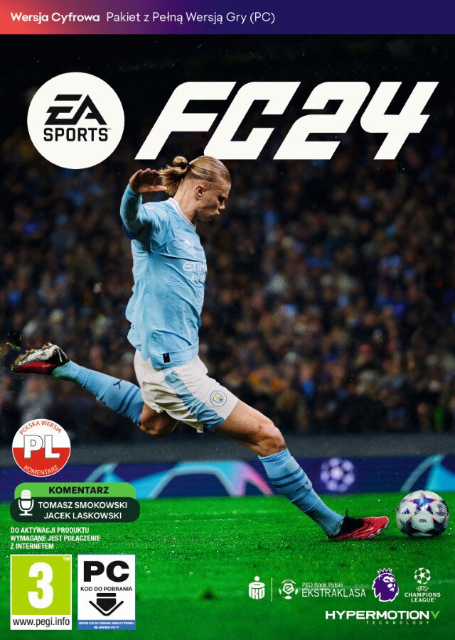Okładka gry FC24. Haaland kopie piłkę. Tekst zawiera EA Sports i język polski.