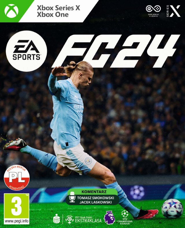 Okładka gry EA Sports FC 24. Z piłkarzem w jasnoniebieskiej koszulce. Xbox Series X/One.