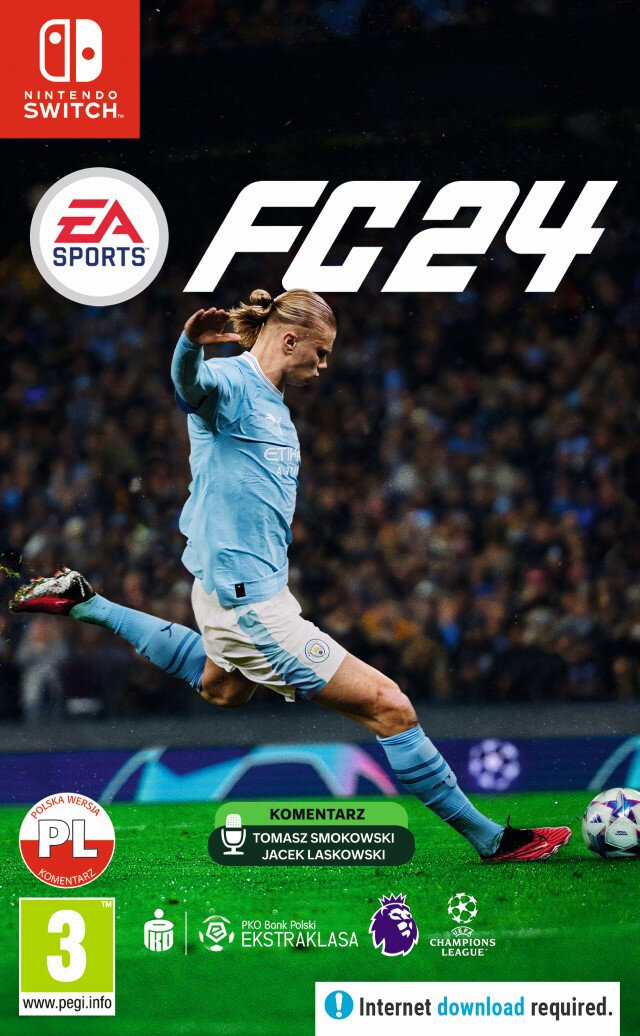 Okładka gry FC24 na Nintendo Switch, z zawodnikiem w jasnoniebieskiej koszulce i logo gry.