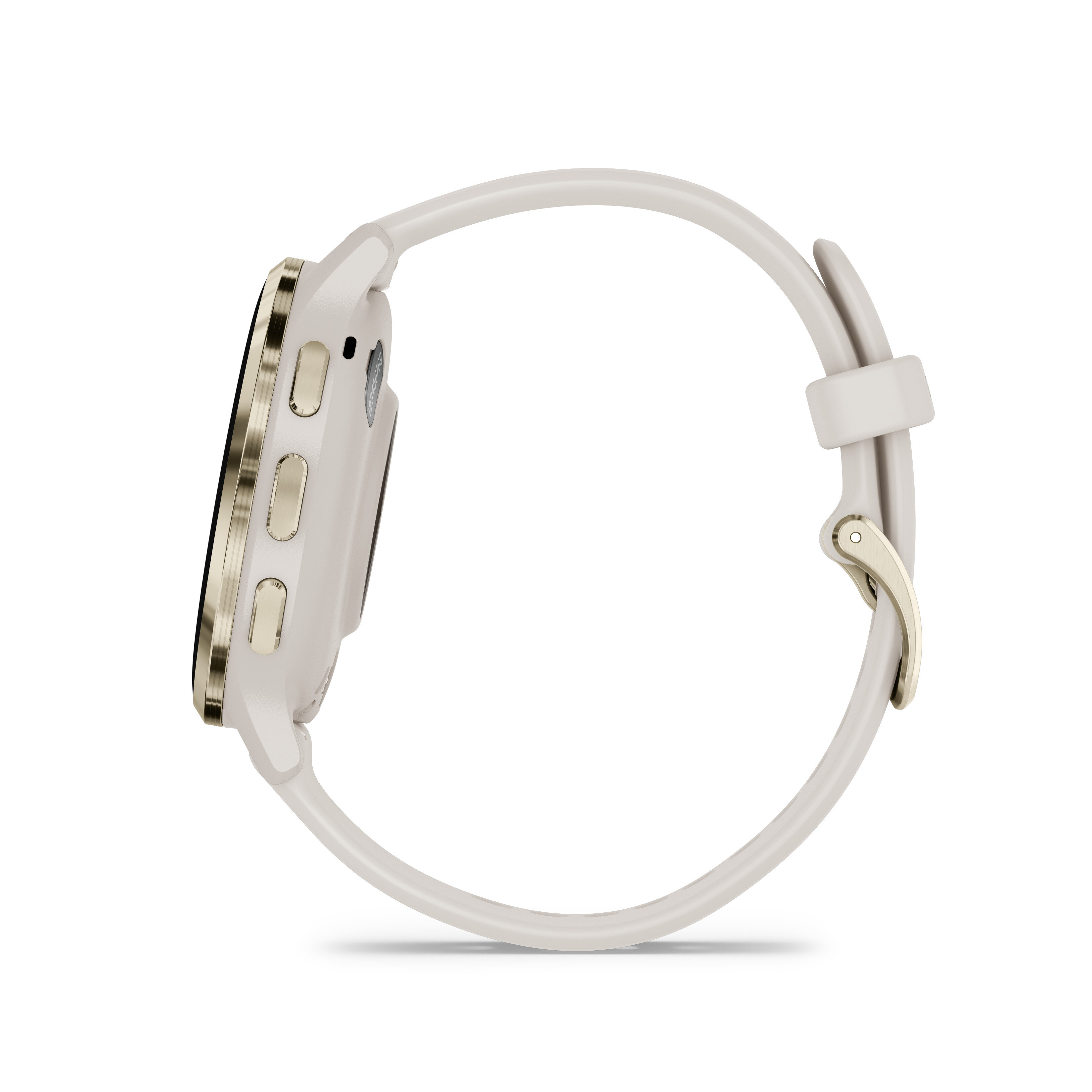 Biały smartwatch ze złotą ramką i jasnym paskiem. Zegarek jest z boku.