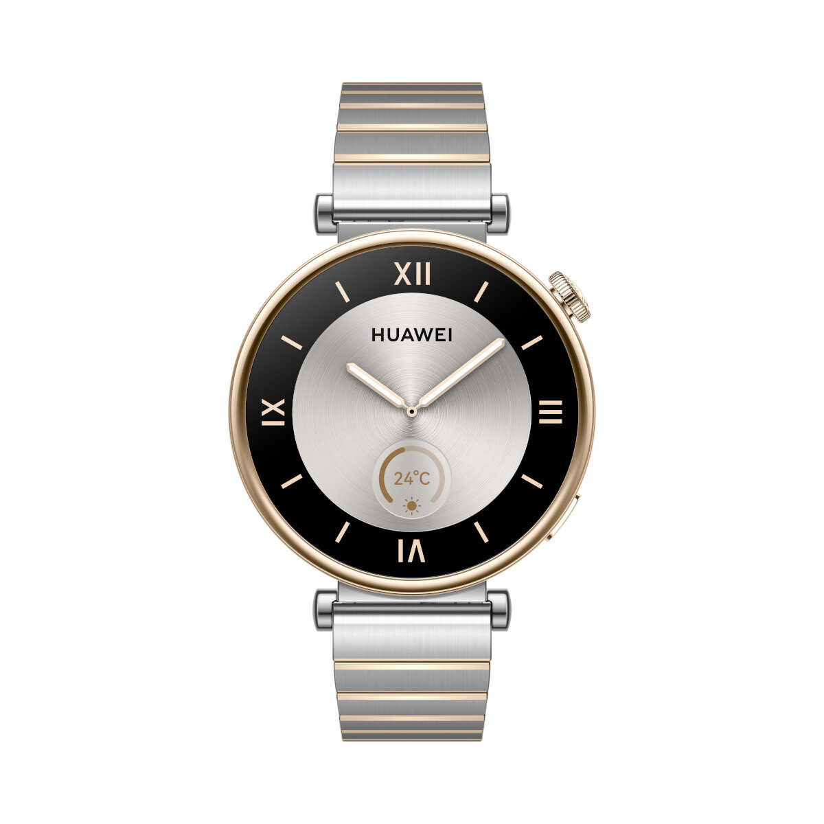 Okrągły srebrny smartwatch z czarną tarczą, złotą ramką i srebrną bransoletą.