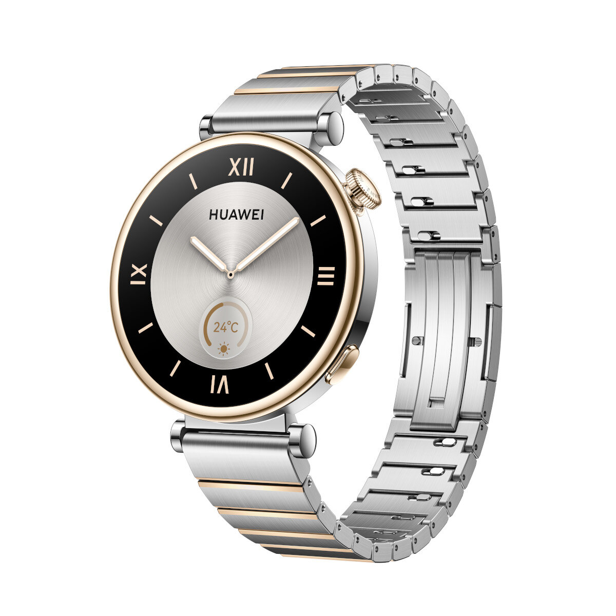 Srebrno-złoty smartwatch z okrągłą tarczą i metalową bransoletą. Wyświetlana jest godzina.
