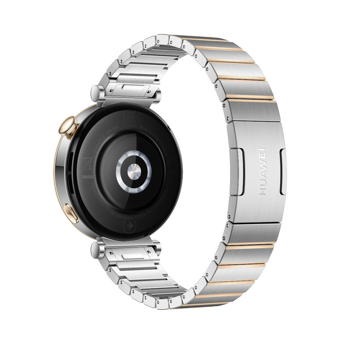 Smartwatch ze srebrną metalową opaską. Widoczny tył zegarka z logo Huawei.
