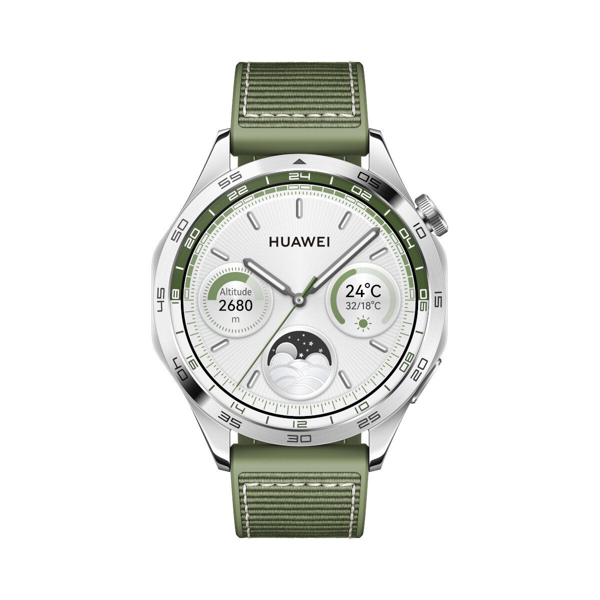 Biały smartwatch z zielonym paskiem pokazuje wysokość i temperaturę.
