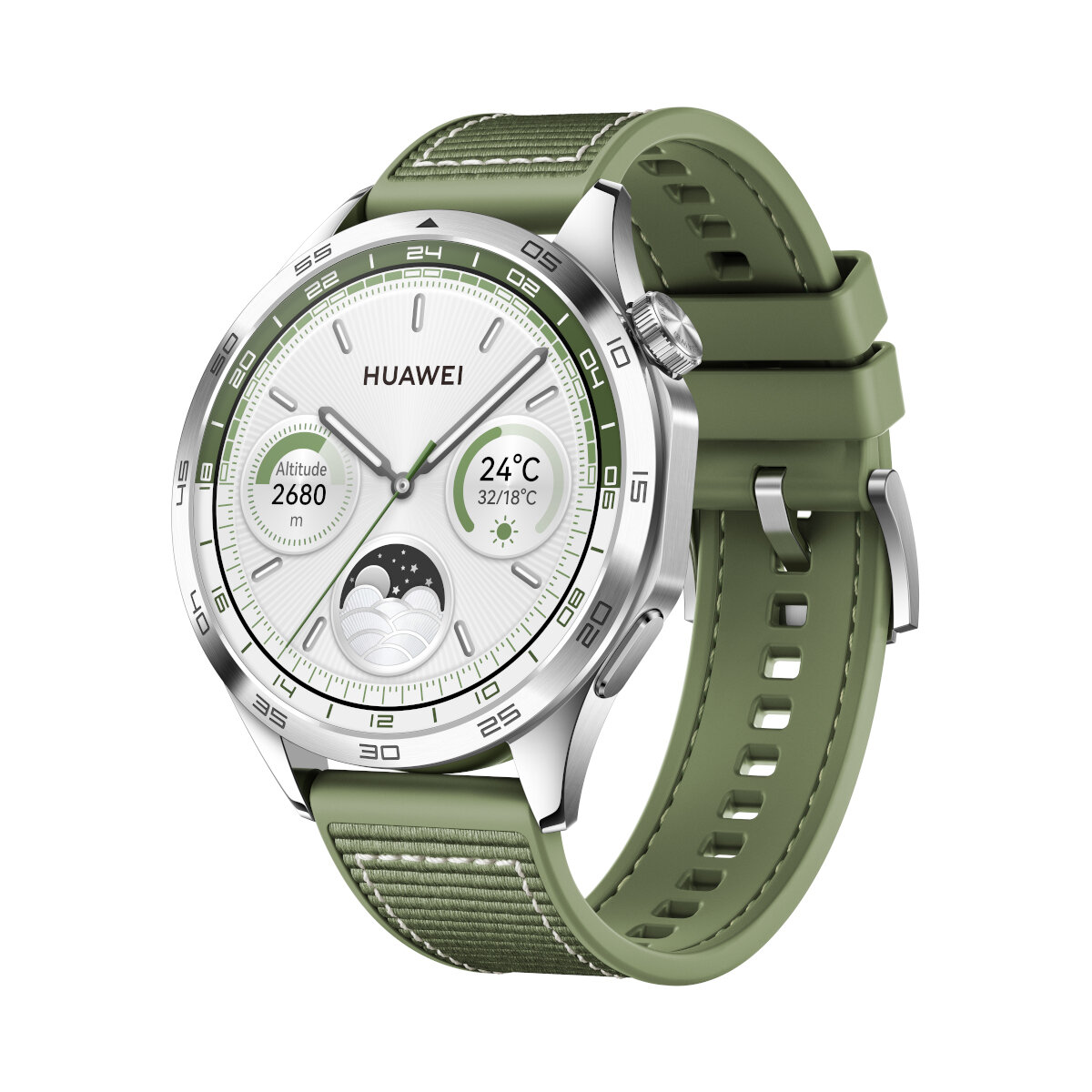 Zielony smartwatch ze srebrną obudową i białym cyferblatem.