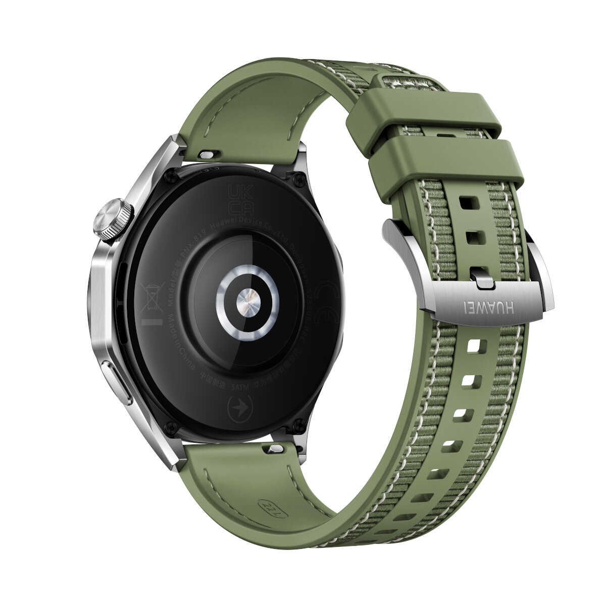 Zielony smartwatch ze srebrną obudową i czarnym tyłem.