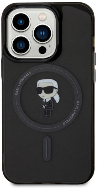 Czarne etui na iPhone z designem Karla Lagerfelda. Zawiera obrazek z kreskówki i pierścień magnetyczny.