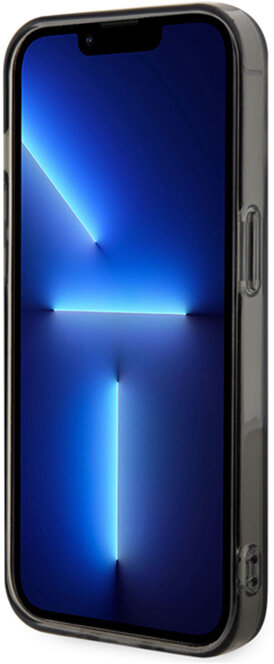 iPhone w przezroczystym etui, pokazujący niebieski wzór światła na ekranie.