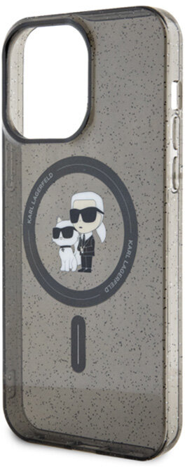 Etui na telefon z wzorem Karla Lagerfelda. Jest przezroczyste z brokatem.