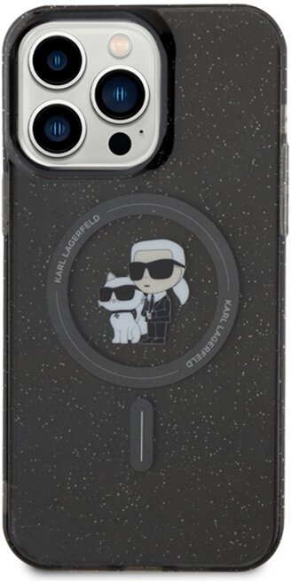 Czarne etui na iPhone z projektem Karla Lagerfelda, z postacią z kreskówki i nazwą marki.