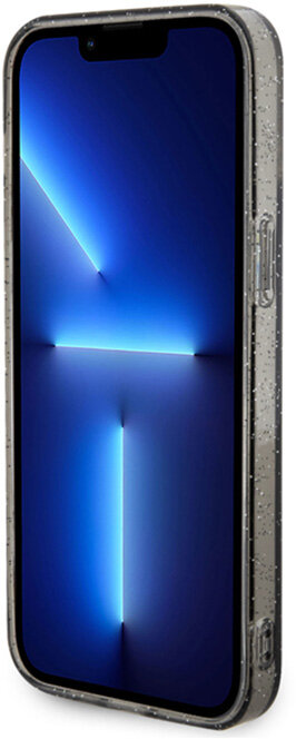 Zbliżenie telefonu w przezroczystym, brokatowym etui z niebieskim gradientem ekranu.