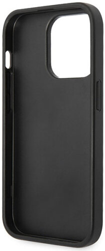 Czarne etui na iPhone, pokazujące wnętrze i wycięcie na aparat.