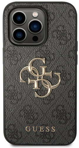 Czarne etui na telefon Guess ze złotym logo na teksturowanej powierzchni.