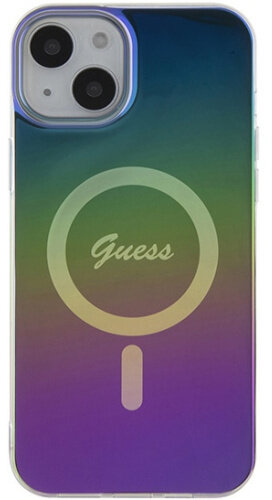 Kolorowe etui na telefon z logo Guess i okręgiem MagSafe.