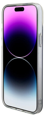 iPhone z przezroczystym etui, pokazujący ekran, z gradientowym tłem.