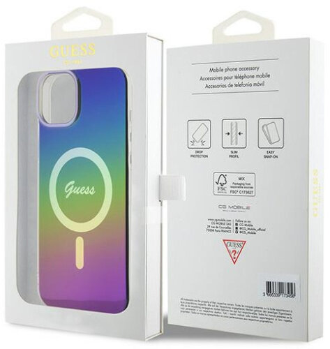 Etui na telefon w opakowaniu, pokazujące kolorowy gradientowy design i informacje o marce.