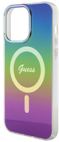 Etui na telefon z gradientem kolorów: niebieski, zielony, żółty, fioletowy. Widoczne logo 'Guess'.