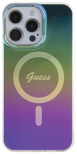 Smartfon z kolorową obudową tylną z logo Guess i magnetycznym okręgiem.