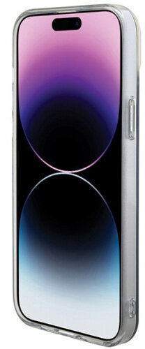 Przezroczyste etui na telefon z fioletowym i białym tłem. Telefon jest widoczny przez etui.