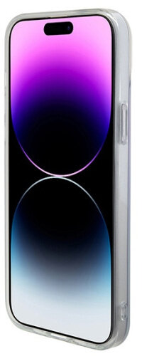 Smartfon w przezroczystym etui. Ekran pokazuje fioletowo-niebieski gradient.